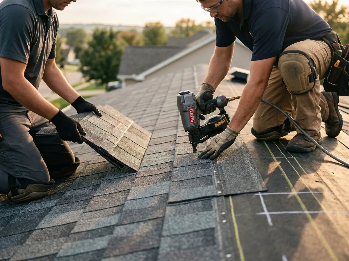 Professional roofer working on a residential roof in Warr Acres